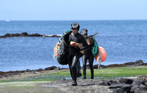 고령(나이가 많음)의 해녀가 물질을 마치고 바닷가를 걸어 나오고 있다