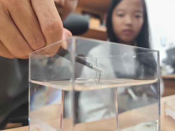 인공 털 구조를 물 밖으로 들어 올리자 털들이 가운데로 오므라졌다